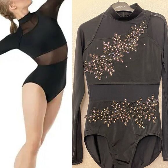WEISSMAN Dance solo custom black rhinestone long sleeve mesh Leotard MT9622 MA - Picture 1 of 16